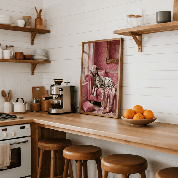 Dalmatian Art Print showing a dog on pink furniture, modern bedroom poster