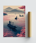 Minimalist lakeside print showing two small boats, layered hills, and blossom drift