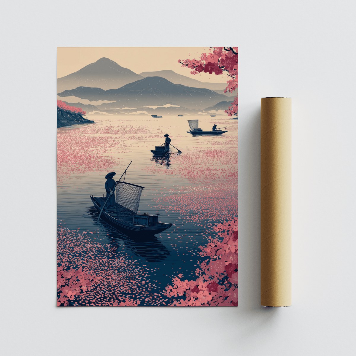 Minimalist lakeside print showing two small boats, layered hills, and blossom drift