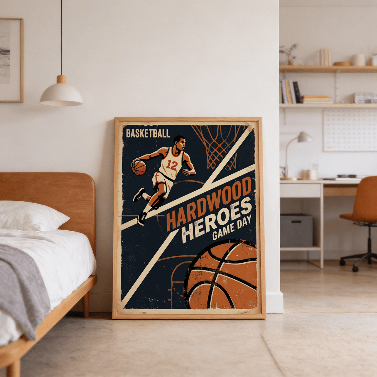 Throwback basketball wall art print with hoop net and bold typography