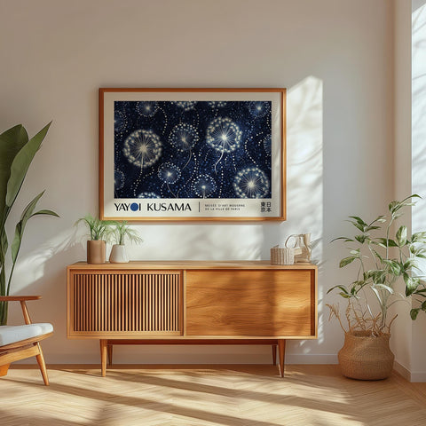 Blue and white abstract dandelion artwork for home interiors