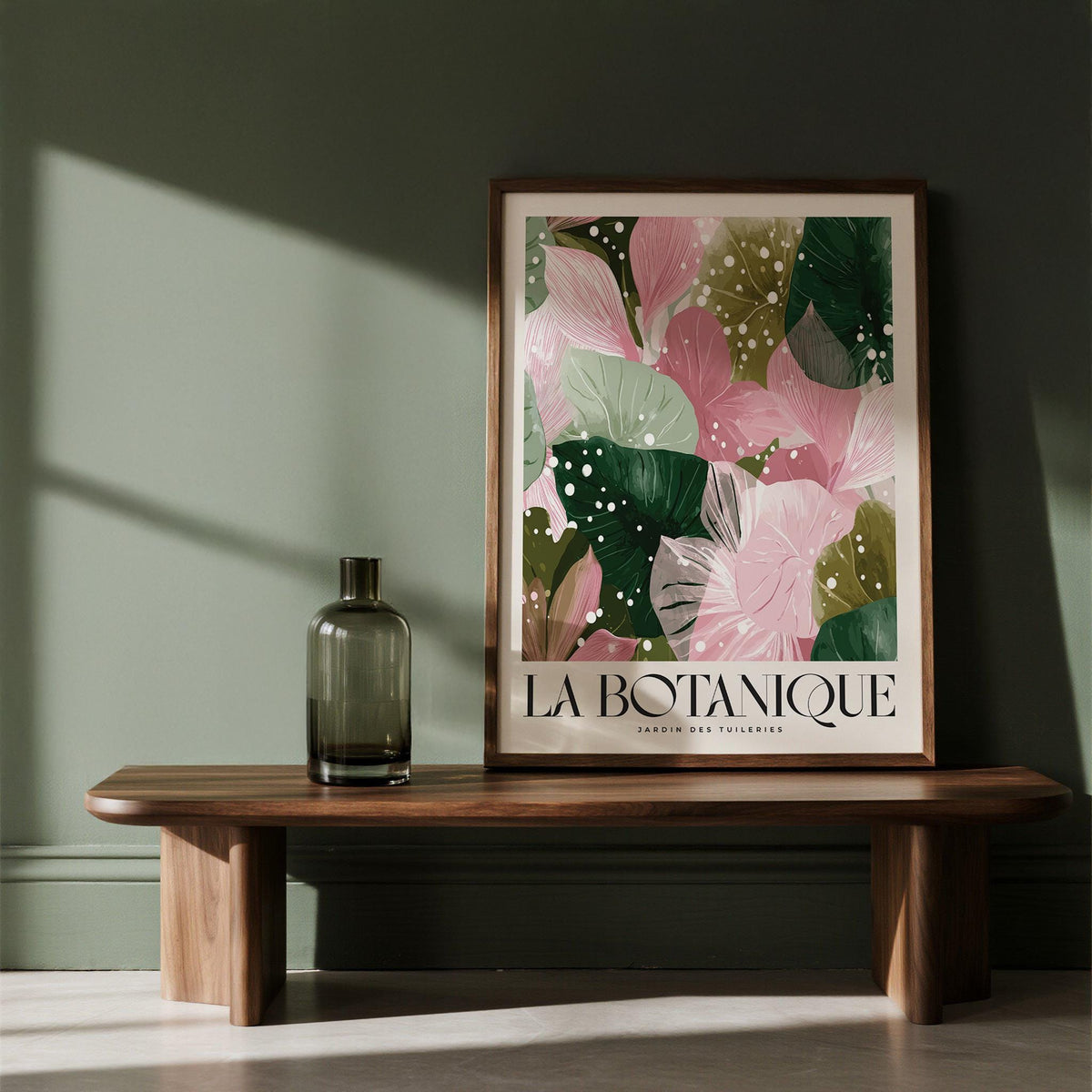 Soft green and blush-toned leaves overlapping in high quality art prints.