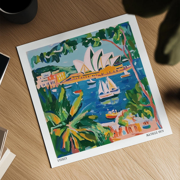 Sydney Opera House art surrounded by vivid greenery and boats, a piece from Matisse Art for Sale.
