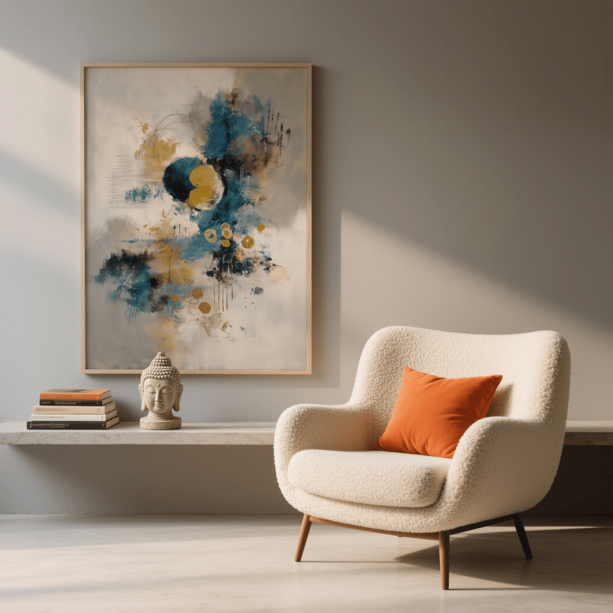 Abstract Blue Gold Wall Art for bedroom, featuring blue, gold, and beige print design