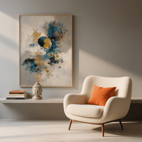 Abstract Blue Gold Wall Art for bedroom, featuring blue, gold, and beige print design