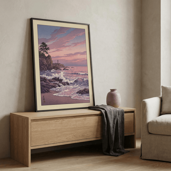 Poster showing distant beacon under purple sunset clouds over the shoreline