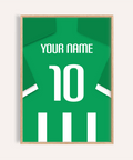 Featuring the Real Betis Football Shirt Poster with jersey back design, custom name text, and number 10 wall art print