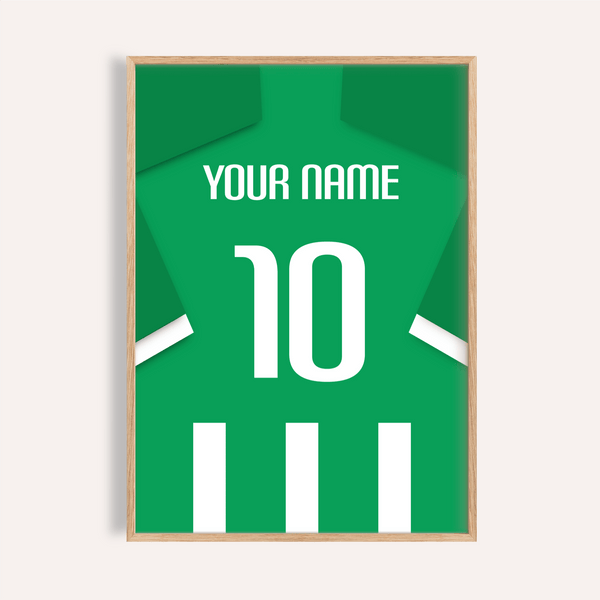 Featuring the Real Betis Football Shirt Poster with jersey back design, custom name text, and number 10 wall art print