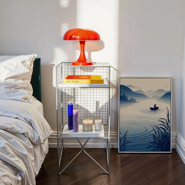 Zen River Art Print poster showing a solitary figure in a boat on rippling water