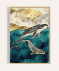 Whale Art Print Blue and Gold wall art for living room decor