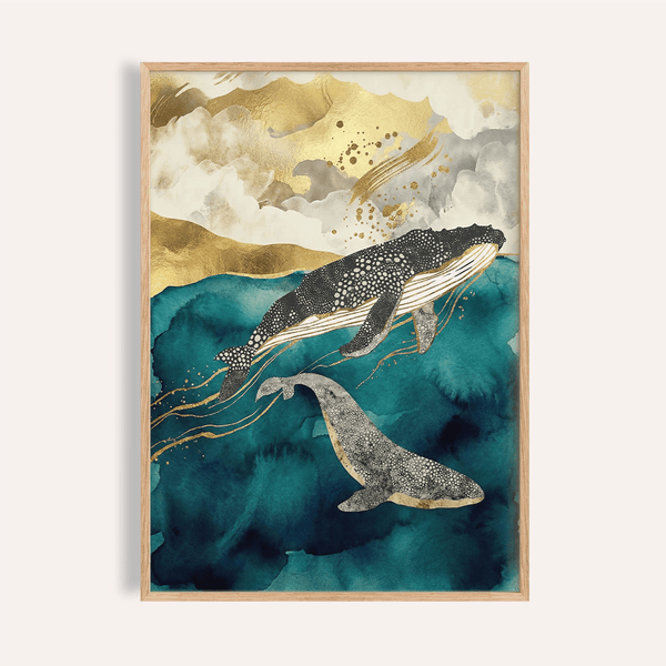 Whale Art Print Blue and Gold wall art for living room decor