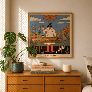 Angled wall mockup of the magician print hung above a reading chair