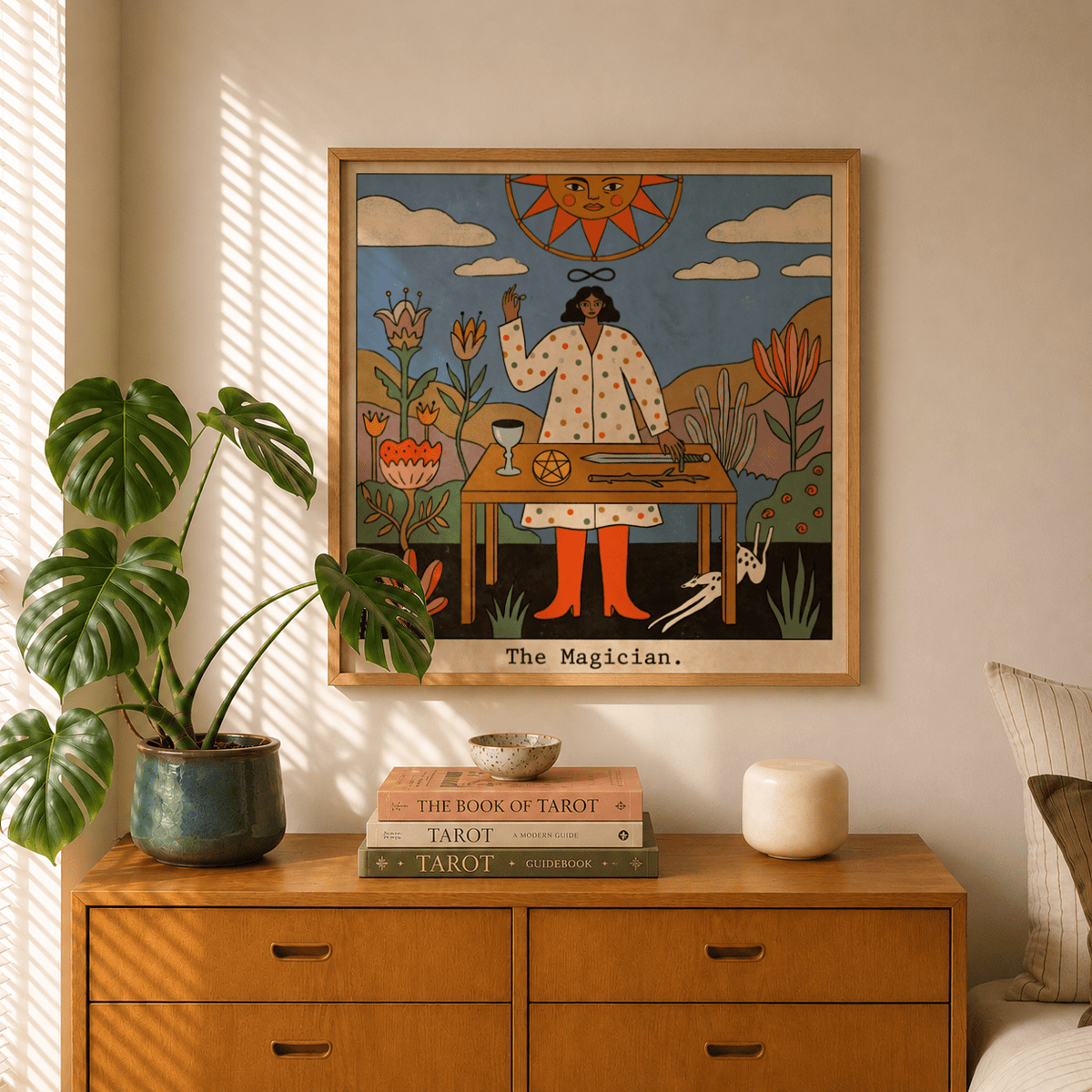 Angled wall mockup of the magician print hung above a reading chair