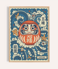 Daruma Art Print poster with daruma doll, waves and maple leaves