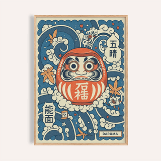 Daruma Art Print poster with daruma doll, waves and maple leaves