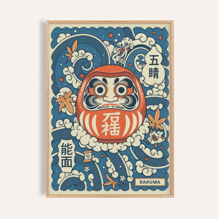 Daruma Art Print poster with daruma doll, waves and maple leaves