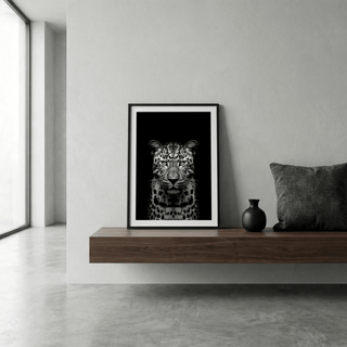 Minimal photography-style leopard poster print with symmetrical composition