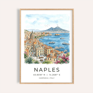 Naples City Art Print watercolor skyline with boats and volcano