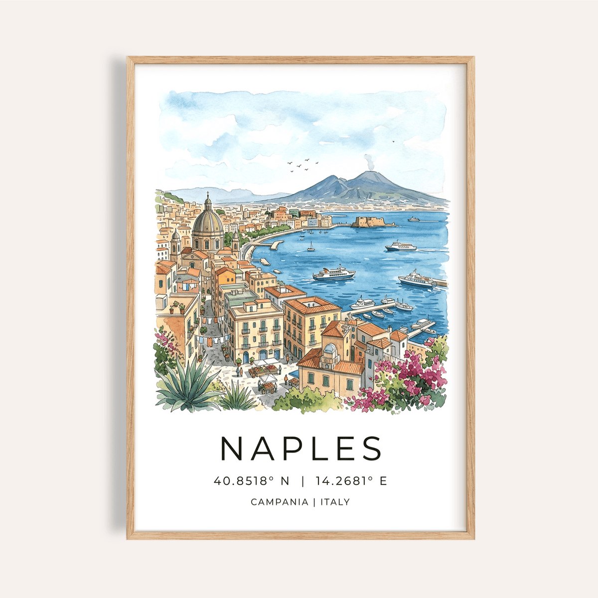 Naples City Art Print watercolor skyline with boats and volcano