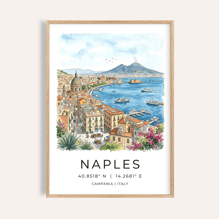 Naples City Art Print watercolor skyline with boats and volcano