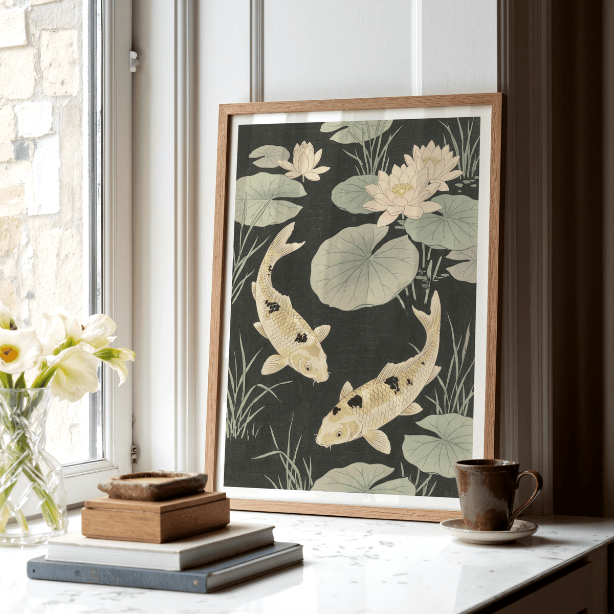 Japanese Koi Carp Art bedroom wall art with Green and Beige colors