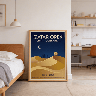 Graphic tennis poster with crescent moon and dune forms in blue and yellow palette