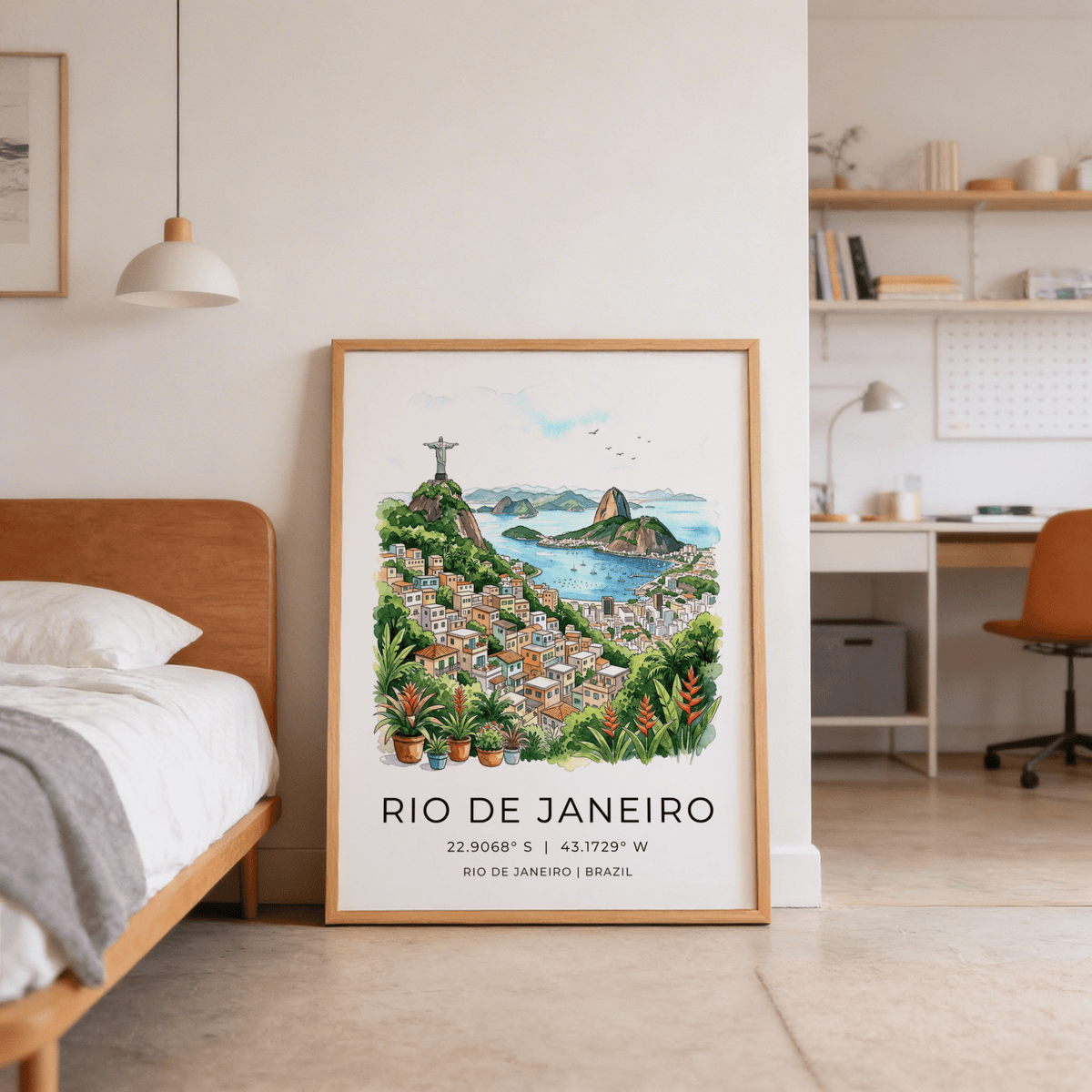 Hand-drawn Rio city poster with colorful hillside buildings and tropical plants in front