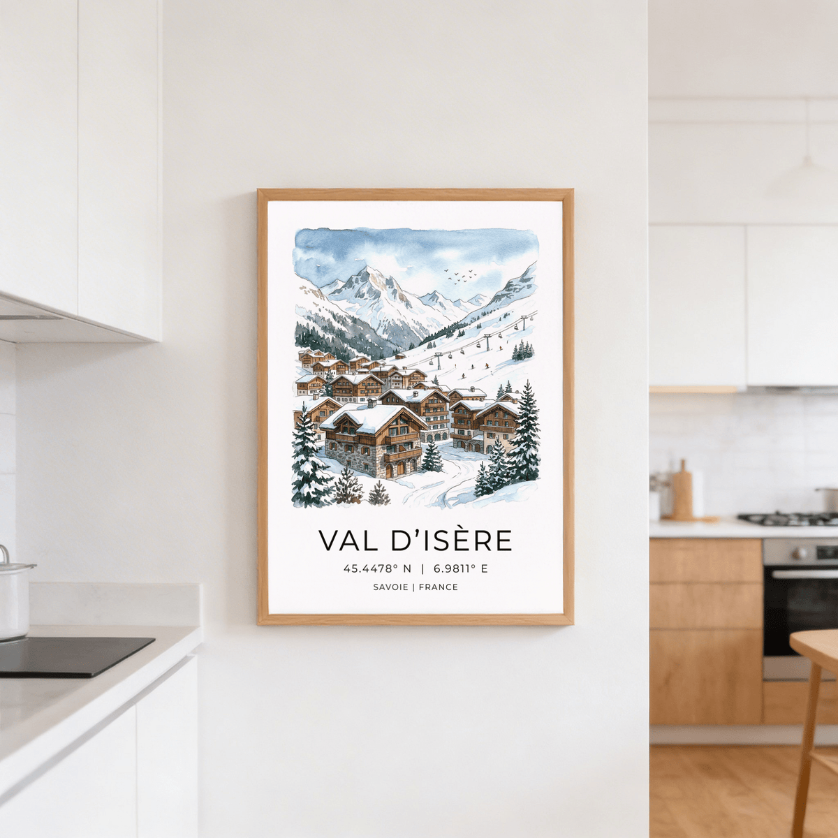 Snowy alpine architecture print poster with clustered lodges and lift towers