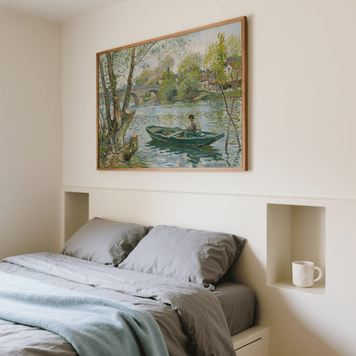 Fishing Boat Art Print with fisherman and nature, Green and Blue for den