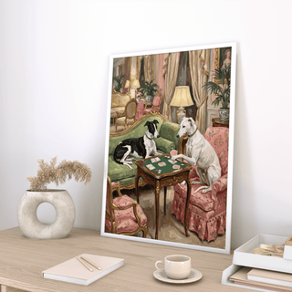 Vintage Dog Wall Art with classic furnishings in Green and Pink, best for living area wall art