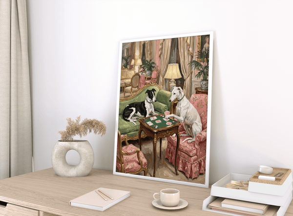 Vintage Dog Wall Art with classic furnishings in Green and Pink, best for living area wall art