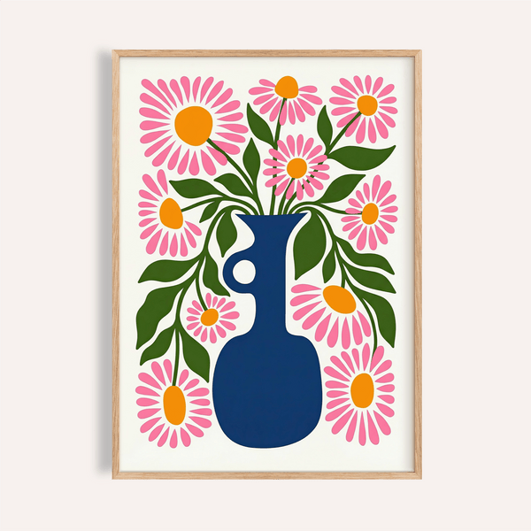 Flower Vase Print with blue vase and pink and orange daisies for living room wall art