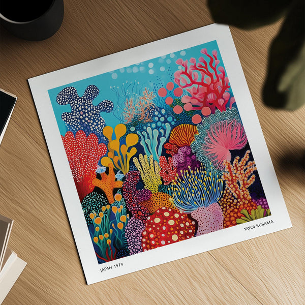 Ocean floor scene rendered in an under sea poster with playful colors and layered forms.
