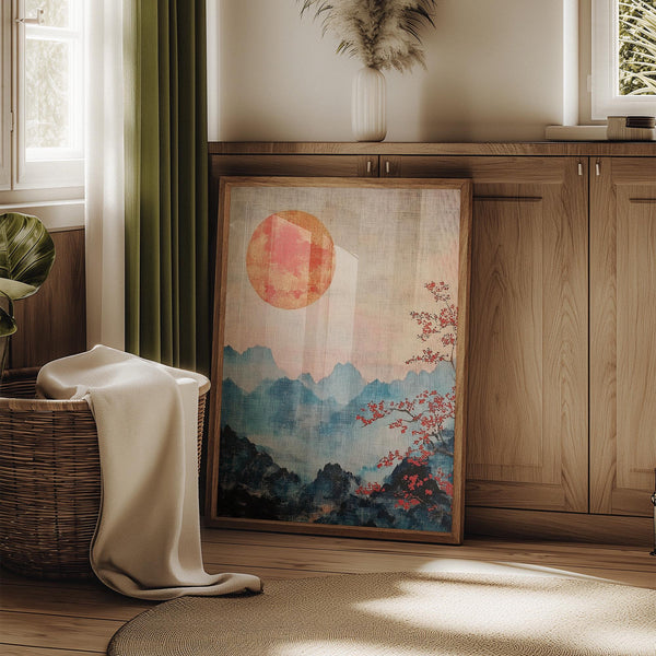 Nature-inspired Japanese Mountain Art with textured wabi sabi styling.