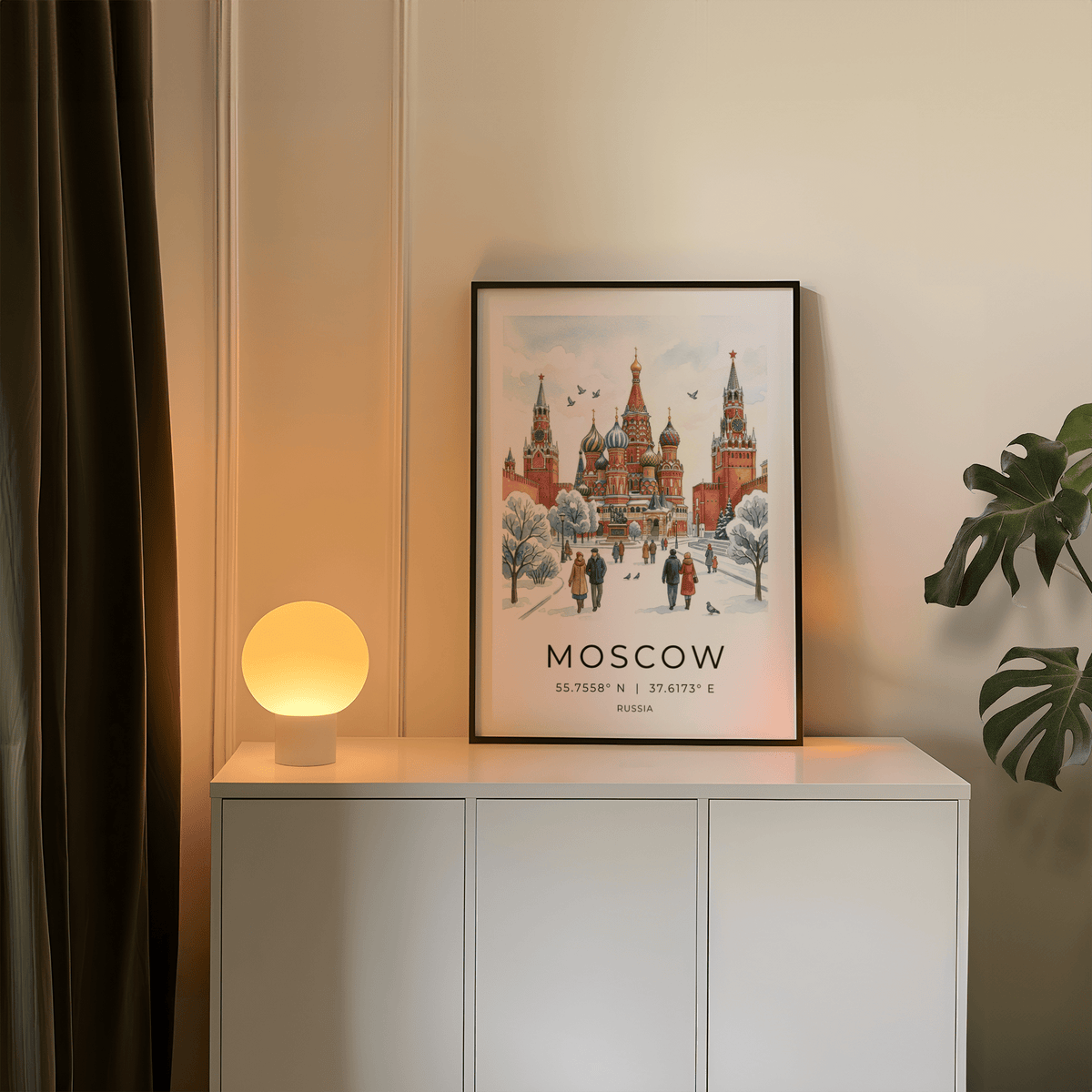 Winter Moscow skyline print with red-brick towers, birds in sky, and walking figures