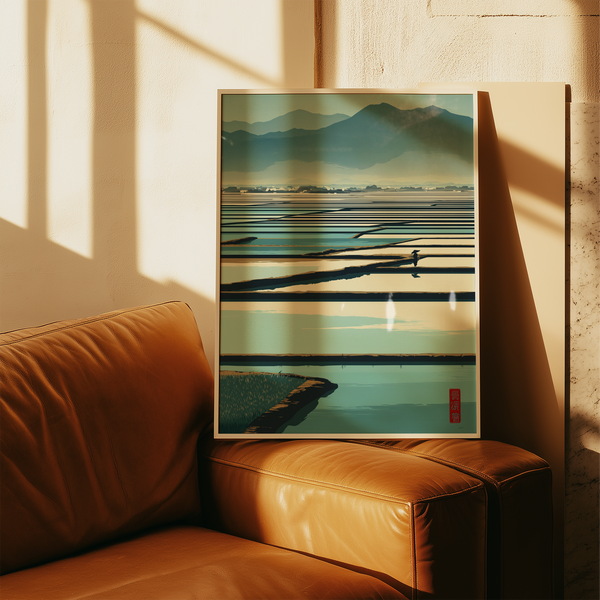 Wide landscape print with repeating water-filled field plots and a small red seal mark