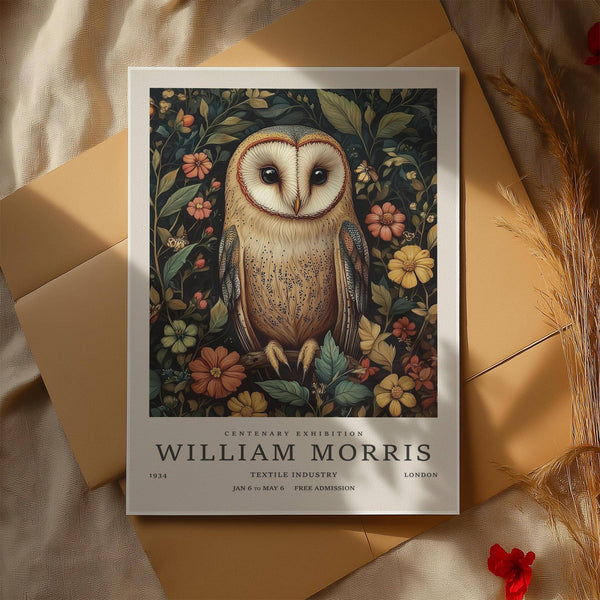 Owl prints showing perched barn owl with botanical surroundings for bedroom