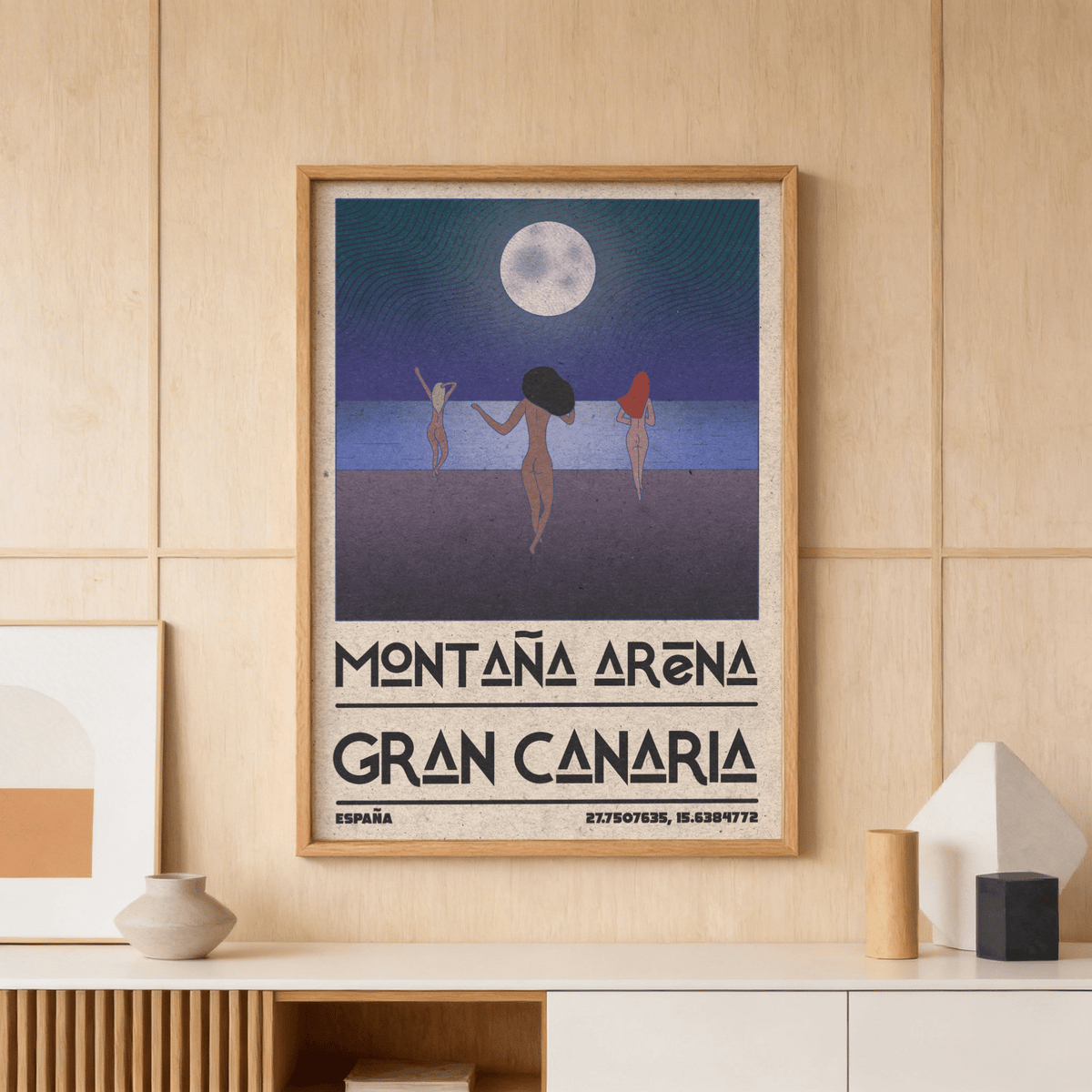 Nude Beach Art Print poster style showing Gran Canaria shoreline and full moon