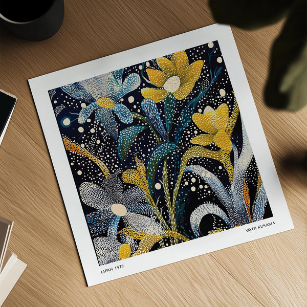 Japanese art floral print with yellow and blue blooms on black.