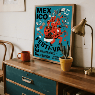 Mexican Festivity Art Print featuring bold MEXICO lettering and folk musicians