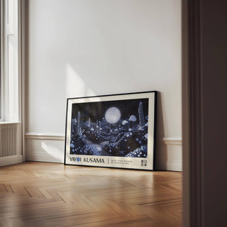 Kusama-inspired mushroom landscape featured in moon art wall decor
