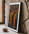 Side perspective of Indian Festival Art print emphasizing tall figures and layered shapes