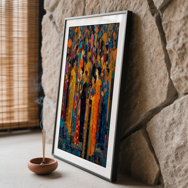 Side perspective of Indian Festival Art print emphasizing tall figures and layered shapes