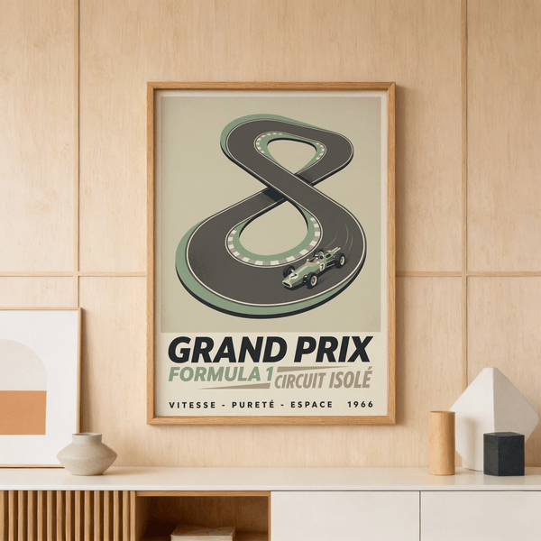 Vintage Race Car Wall Art poster showing looped track and open-wheel racer
