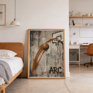 Minimal hoop and backboard sketch basketball wall art poster with splatter and arc motion trail