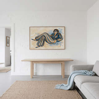 Modern Female Illustration print in Brown and Blue tones for contemporary hallway