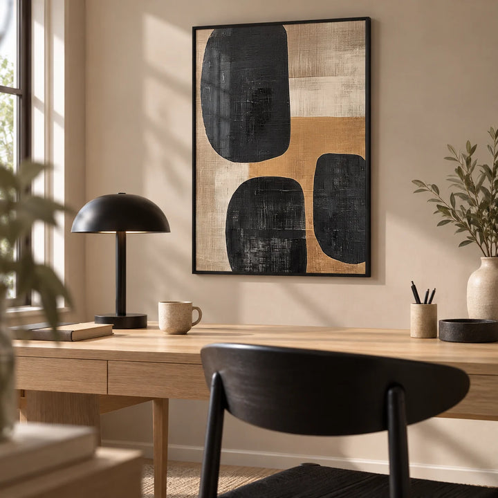 Earthy Wall Art, framed on the wall of a calm home office with a sand coloured wall