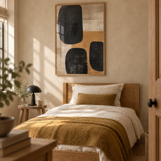 Earthy Wall Art, framed on the wall of a calm single guest bedroom in a family home with a warm beige limewashed wall