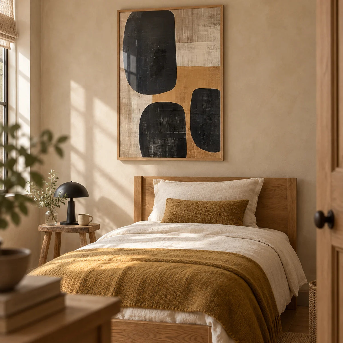 Earthy Wall Art, framed on the wall of a calm single guest bedroom in a family home with a warm beige limewashed wall