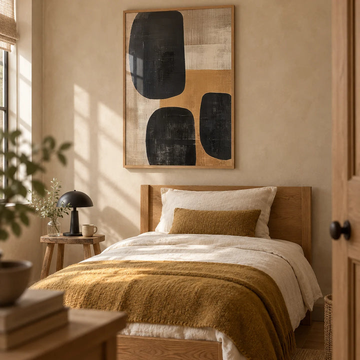 Earthy Wall Art, framed on the wall of a calm single guest bedroom in a family home with a warm beige limewashed wall
